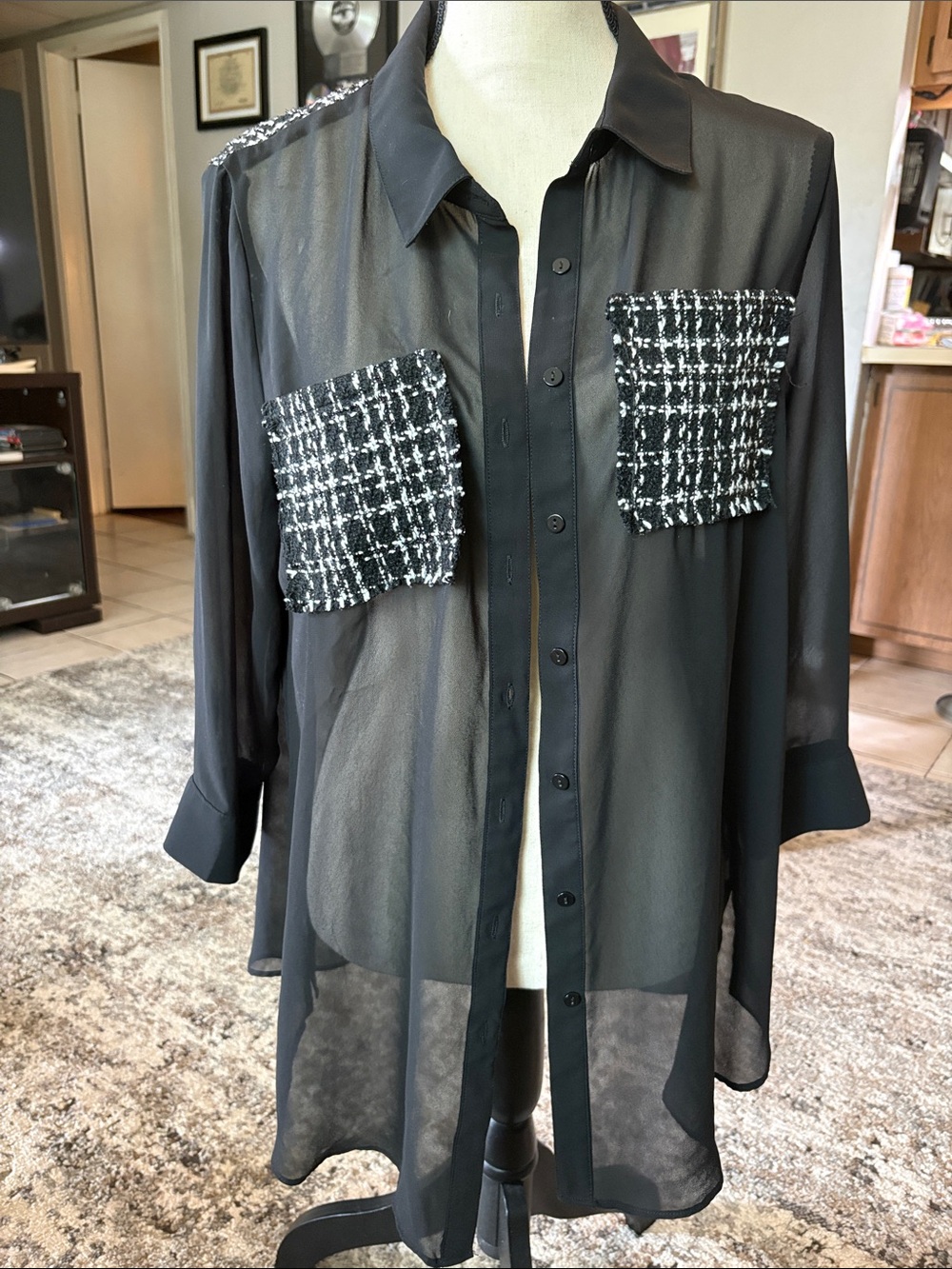 Sheer Black Button-Up Blouse with Tweed Patch Pockets